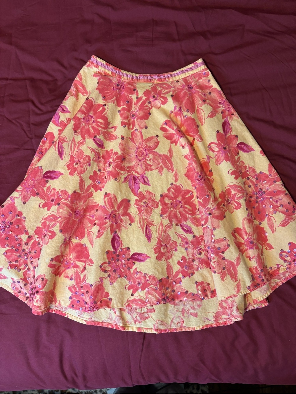 Limited Too y2k pink sequins floral midi skirt with yellow
